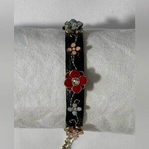 Vintage Brighton black leather and enamel flowers bracelet- lovely
